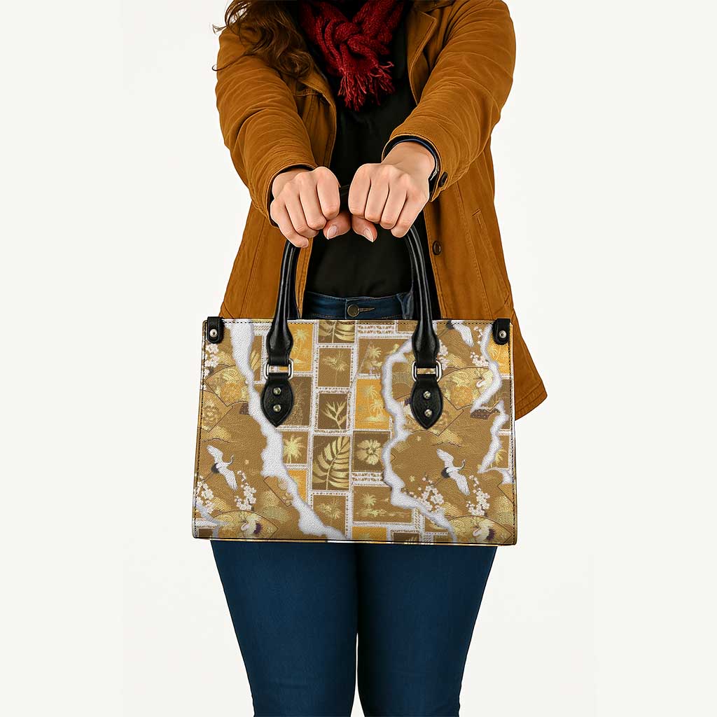 Hawaii Japanese Culture Gold Leather Bag Spring Cranes Aloha Pattern