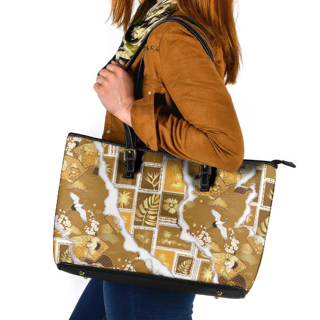 Hawaii Japanese Culture Gold Leather Tote Bag Spring Cranes Aloha Pattern LT01 Gold - Polynesian Pride