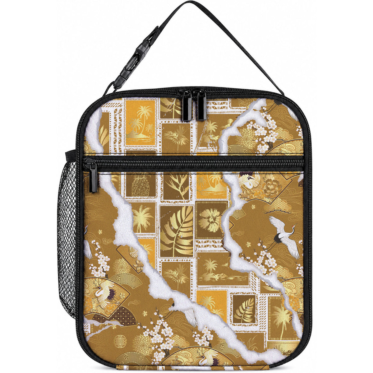 Hawaii Japanese Culture Gold Lunch Bag Spring Cranes Aloha Pattern LT01 10.2 × 8.3 × 4.3 inch Gold - Polynesian Pride
