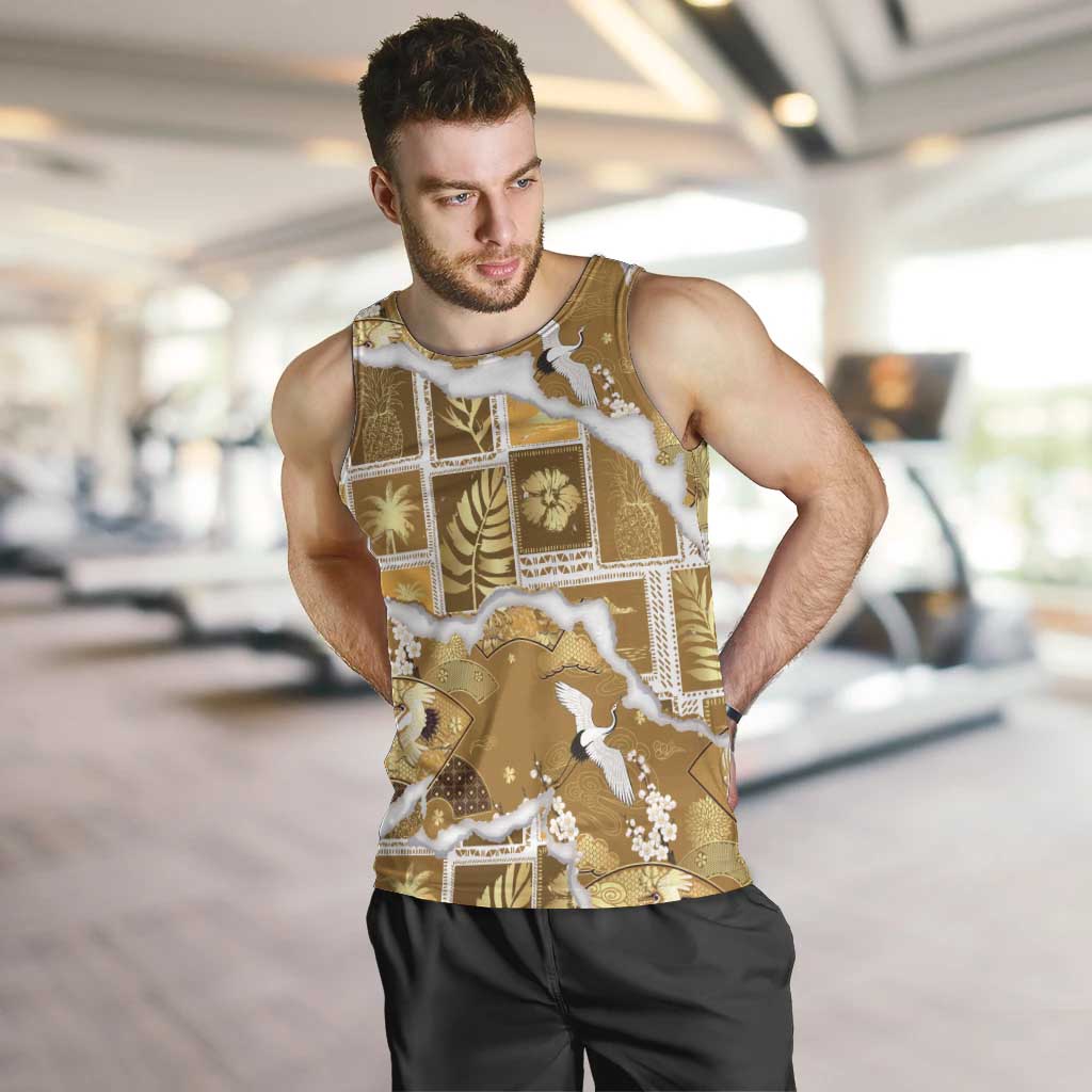 Hawaii Japanese Culture Gold Men Tank Top Spring Cranes Aloha Pattern