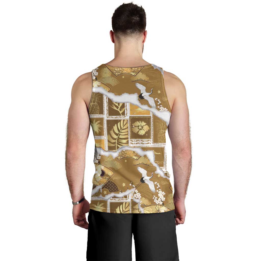 Hawaii Japanese Culture Gold Men Tank Top Spring Cranes Aloha Pattern