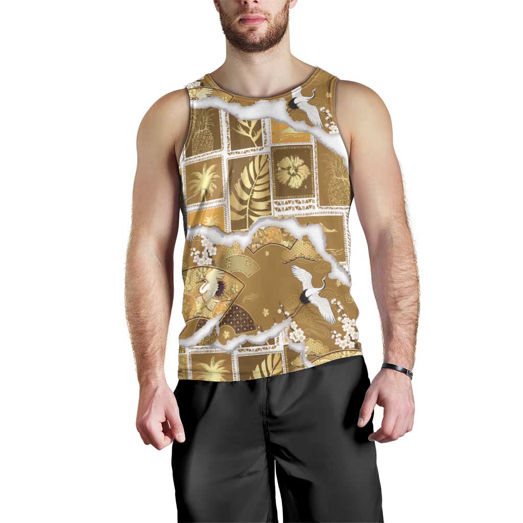 Hawaii Japanese Culture Gold Men Tank Top Spring Cranes Aloha Pattern