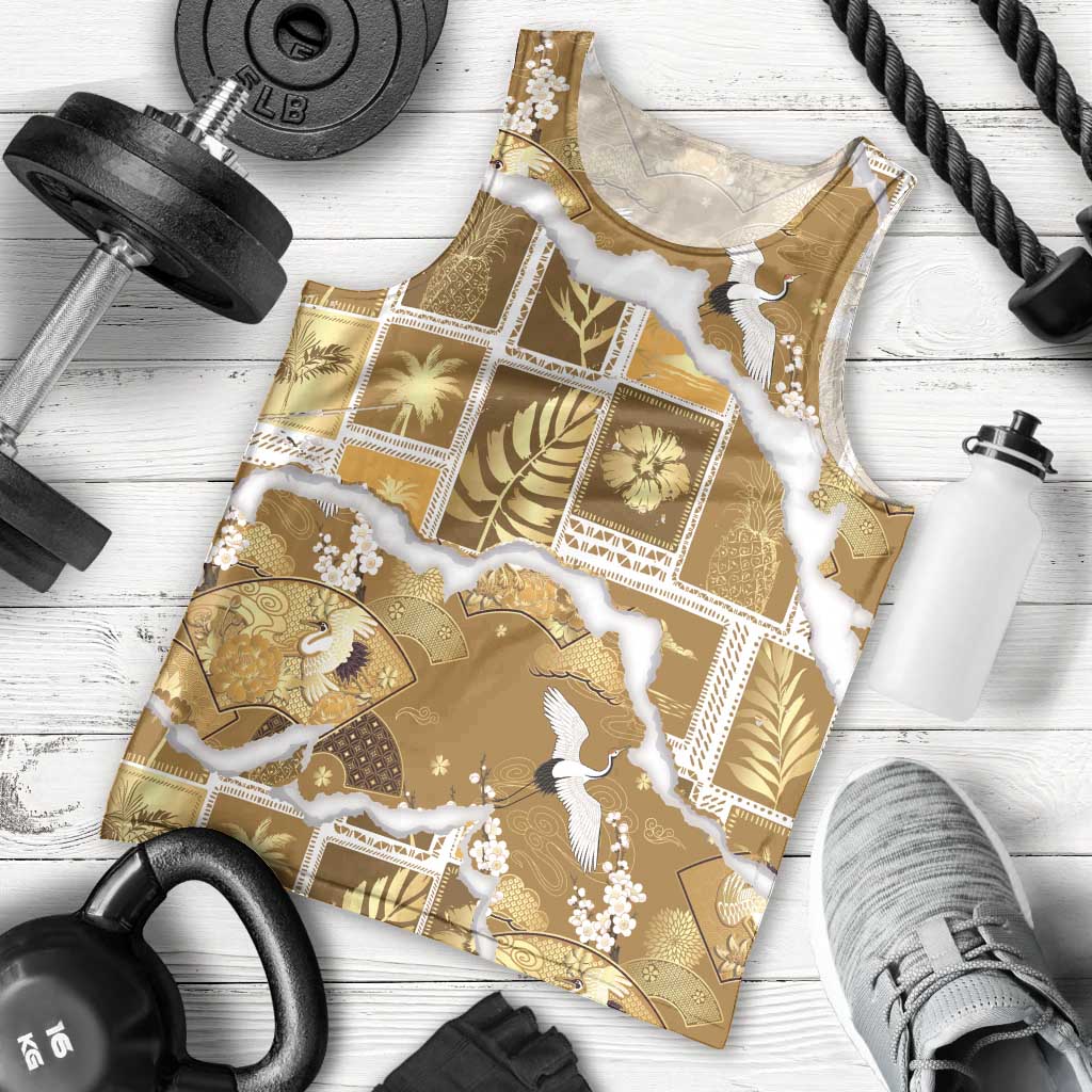 Hawaii Japanese Culture Gold Men Tank Top Spring Cranes Aloha Pattern
