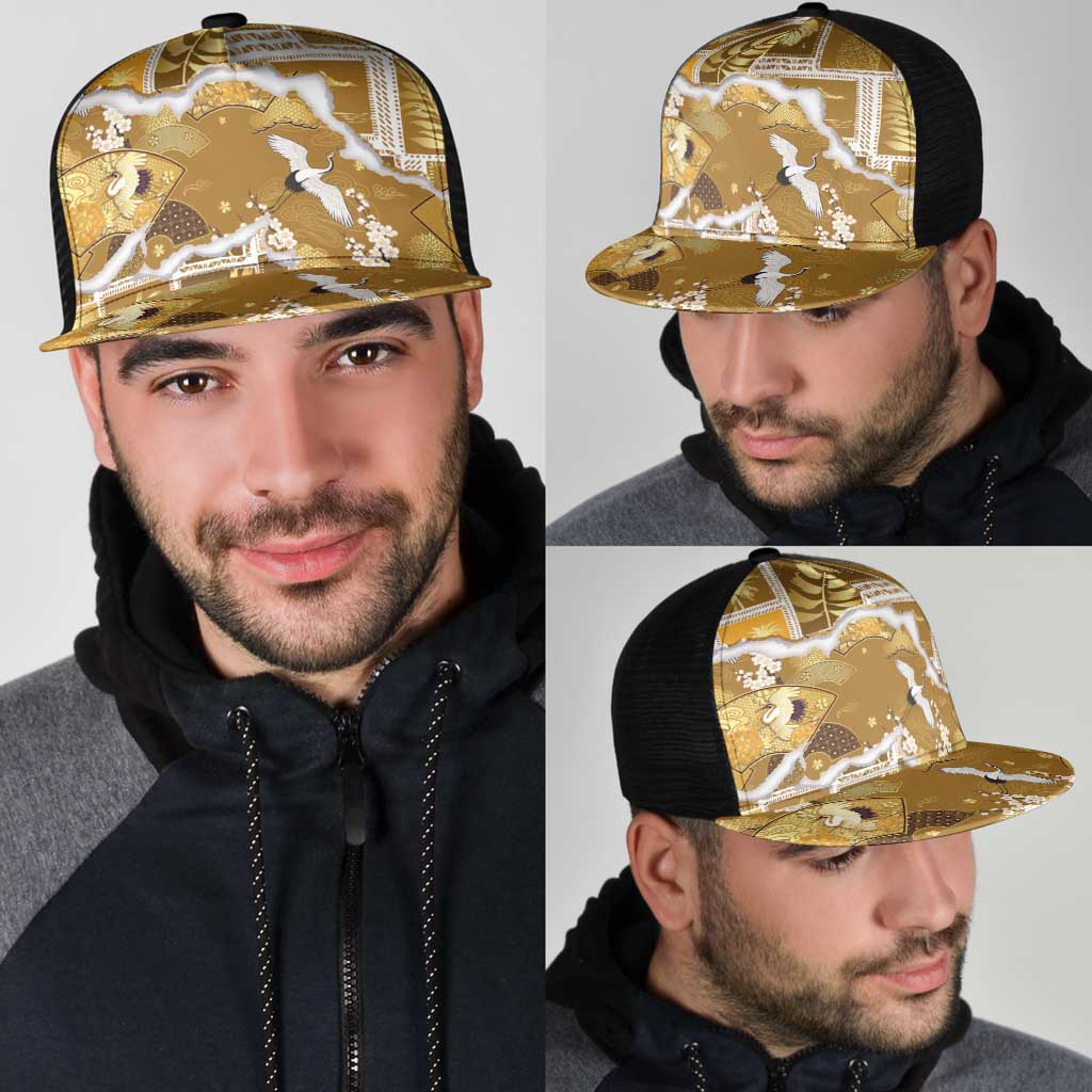 Hawaii Japanese Culture Gold Mesh Trucker Cap Spring Cranes Aloha Pattern