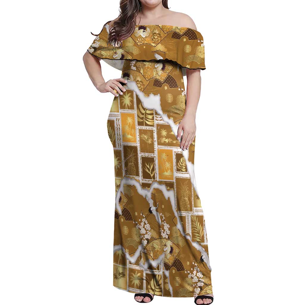 Hawaii Japanese Culture Gold Off Shoulder Maxi Dress Spring Cranes Aloha Pattern LT01 Women Gold - Polynesian Pride