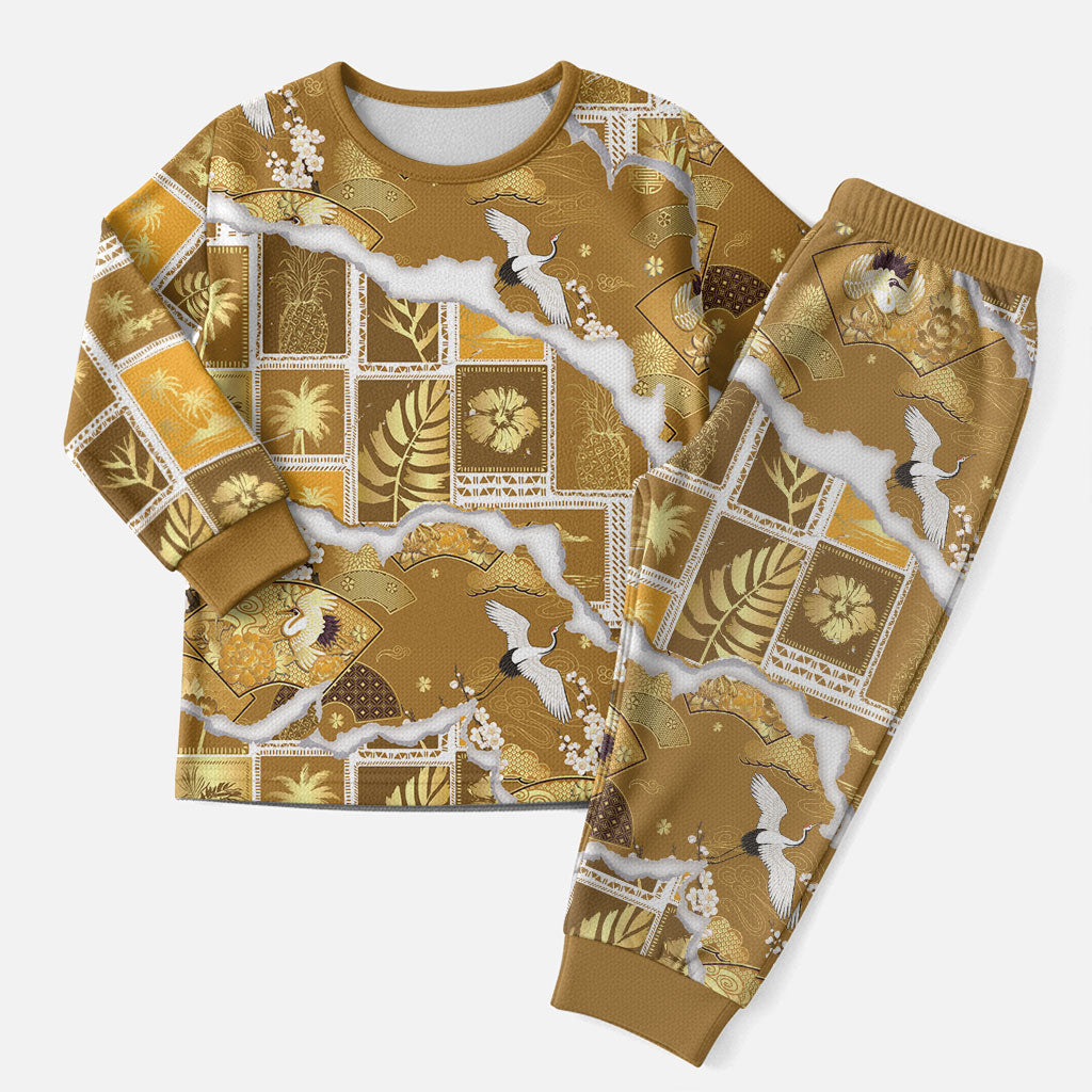 Hawaii Japanese Culture Gold Christmas Pajama Set Spring Cranes Aloha Pattern LT01 Men Gold - Polynesian Pride