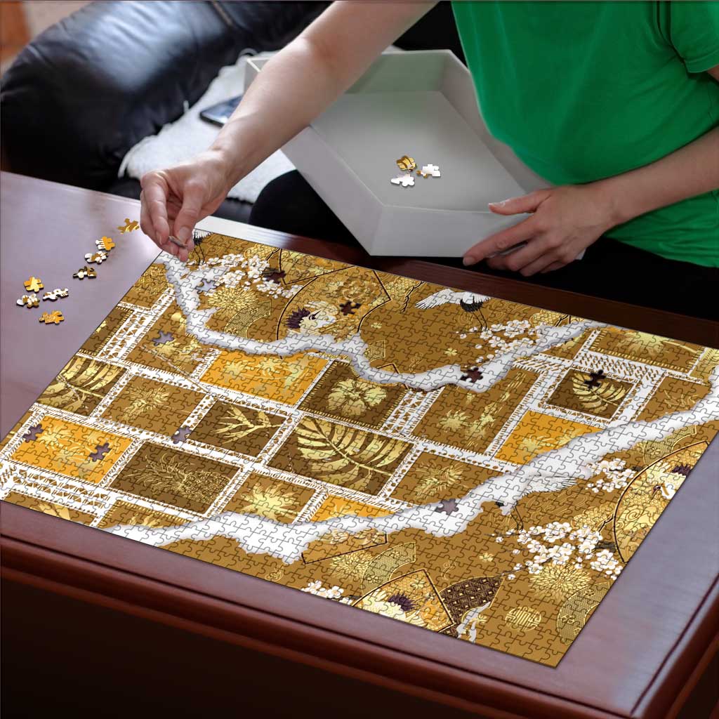Hawaii Japanese Culture Gold Puzzle Spring Cranes Aloha Pattern