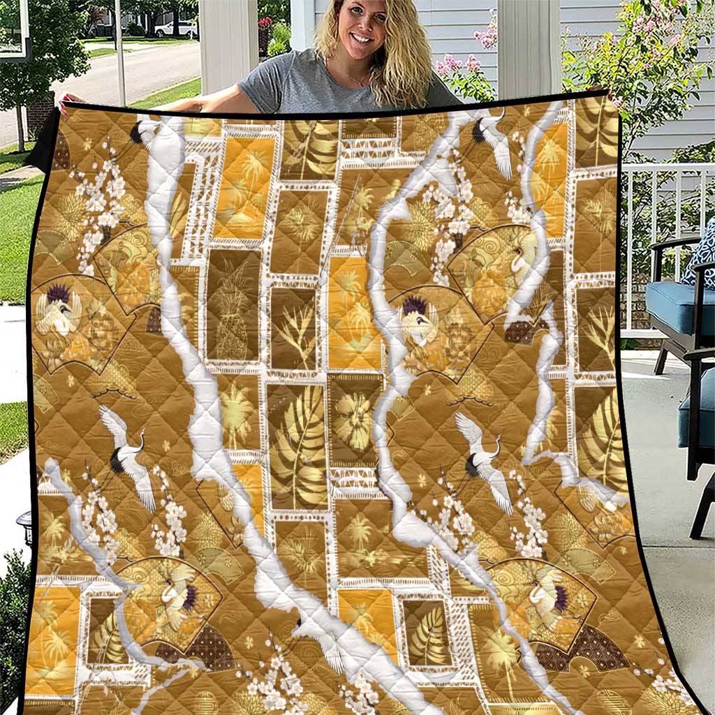 Hawaii Japanese Culture Gold Quilt Spring Cranes Aloha Pattern LT01 Gold - Polynesian Pride