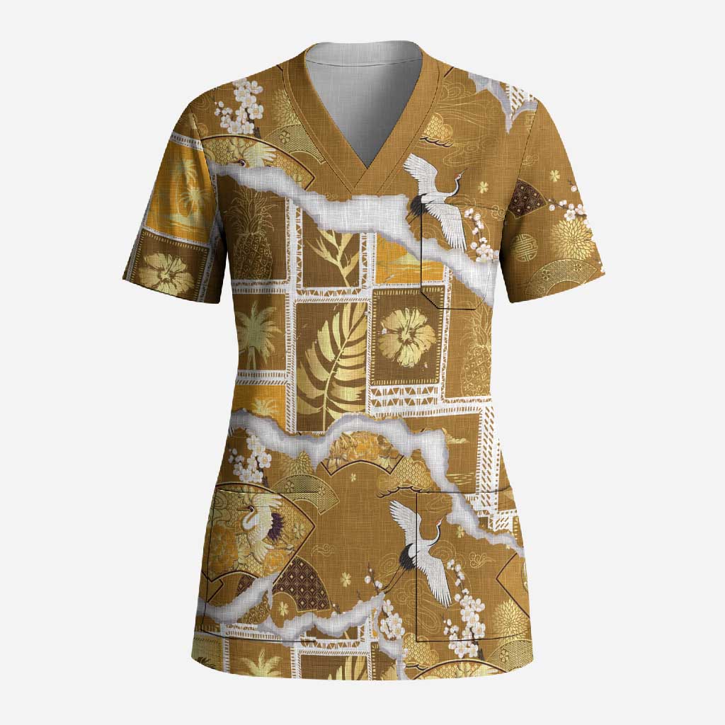 Hawaii Japanese Culture Gold Scrub Top Spring Cranes Aloha Pattern