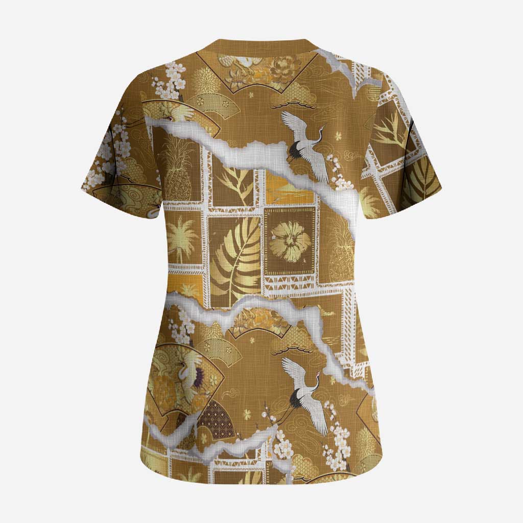 Hawaii Japanese Culture Gold Scrub Top Spring Cranes Aloha Pattern