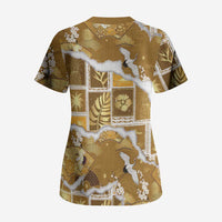 Hawaii Japanese Culture Gold Scrub Top Spring Cranes Aloha Pattern