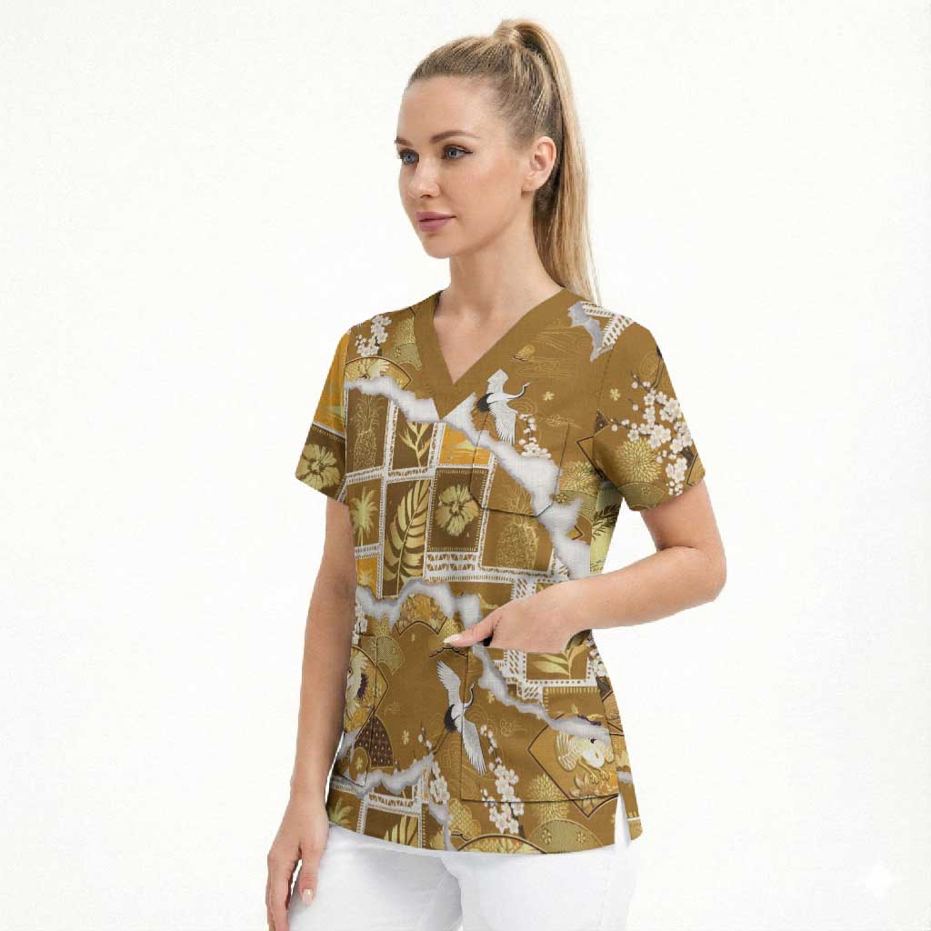 Hawaii Japanese Culture Gold Scrub Top Spring Cranes Aloha Pattern