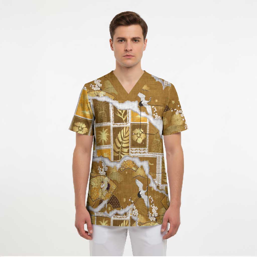 Hawaii Japanese Culture Gold Scrub Top Spring Cranes Aloha Pattern