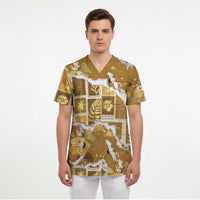 Hawaii Japanese Culture Gold Scrub Top Spring Cranes Aloha Pattern