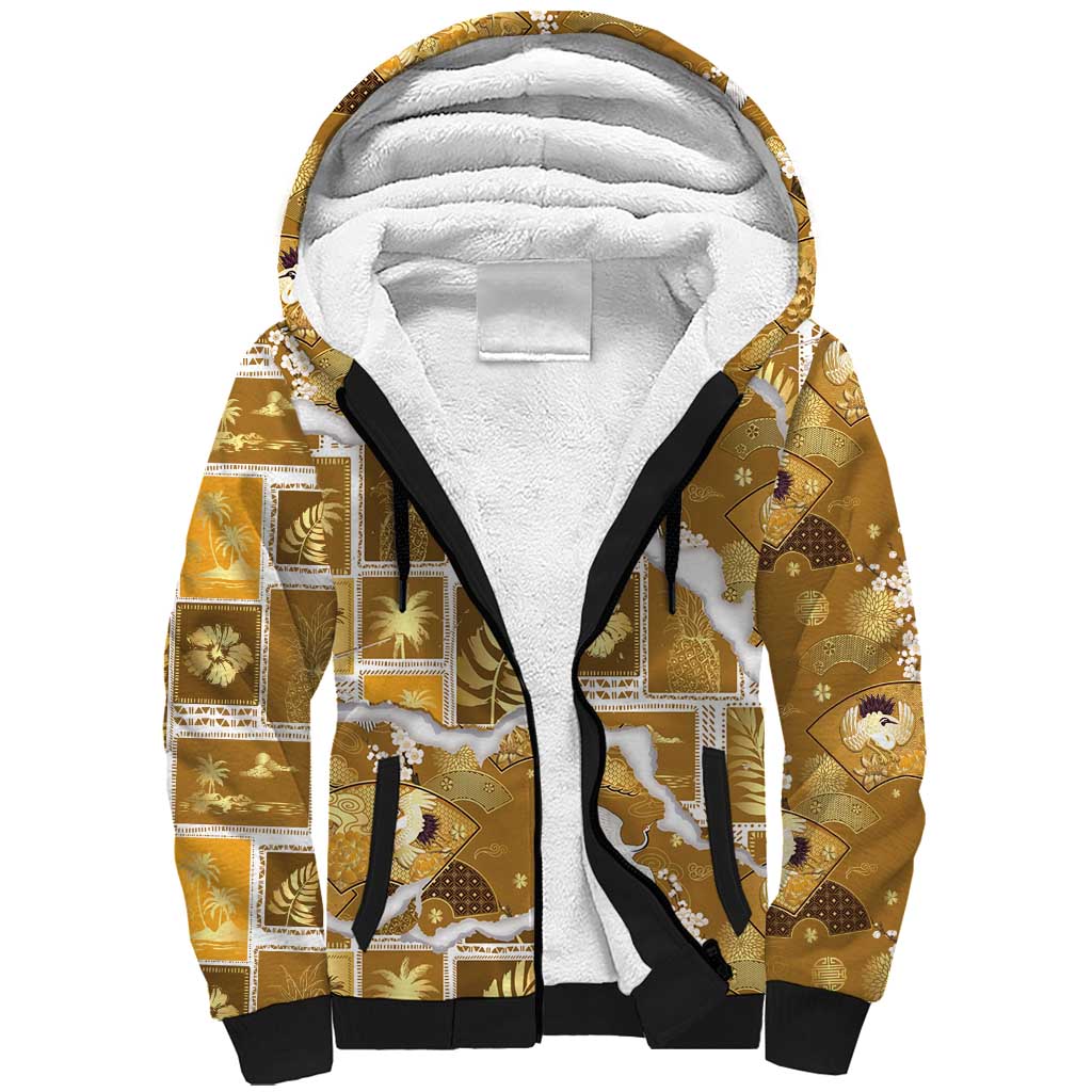 Hawaii Japanese Culture Gold Sherpa Hoodie Spring Cranes Aloha Pattern