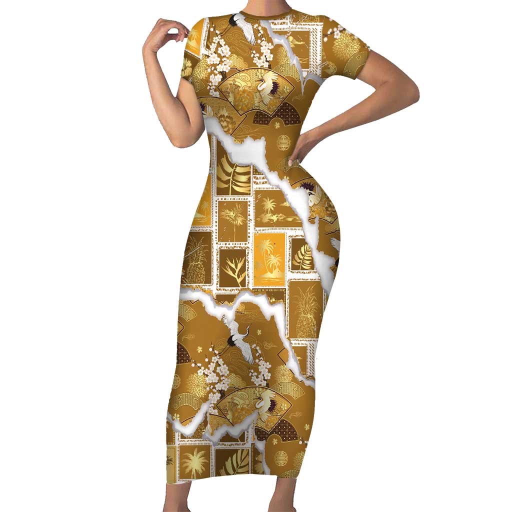 Hawaii Japanese Culture Gold Short Sleeve Bodycon Dress Spring Cranes Aloha Pattern LT01 Long Dress Gold - Polynesian Pride