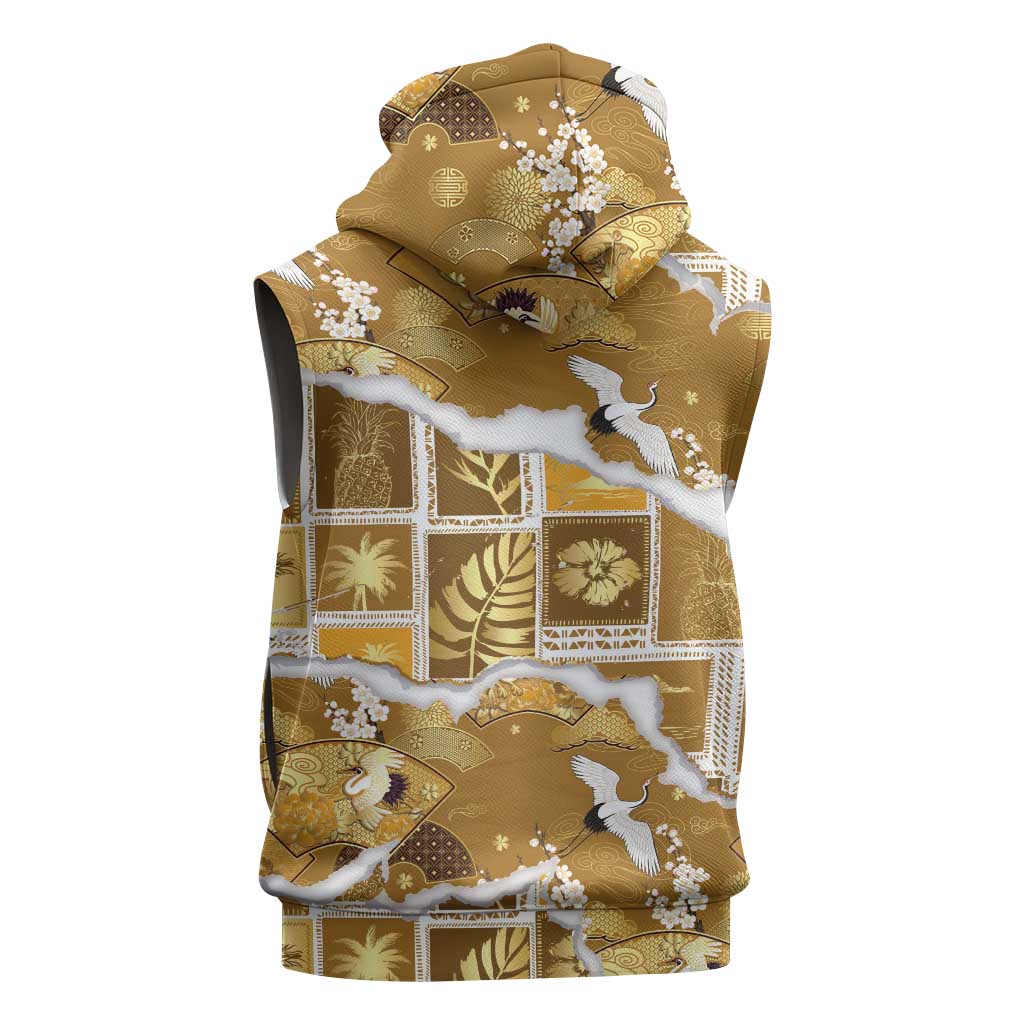 Hawaii Japanese Culture Gold Sleeveless Zip Hoodie Spring Cranes Aloha Pattern