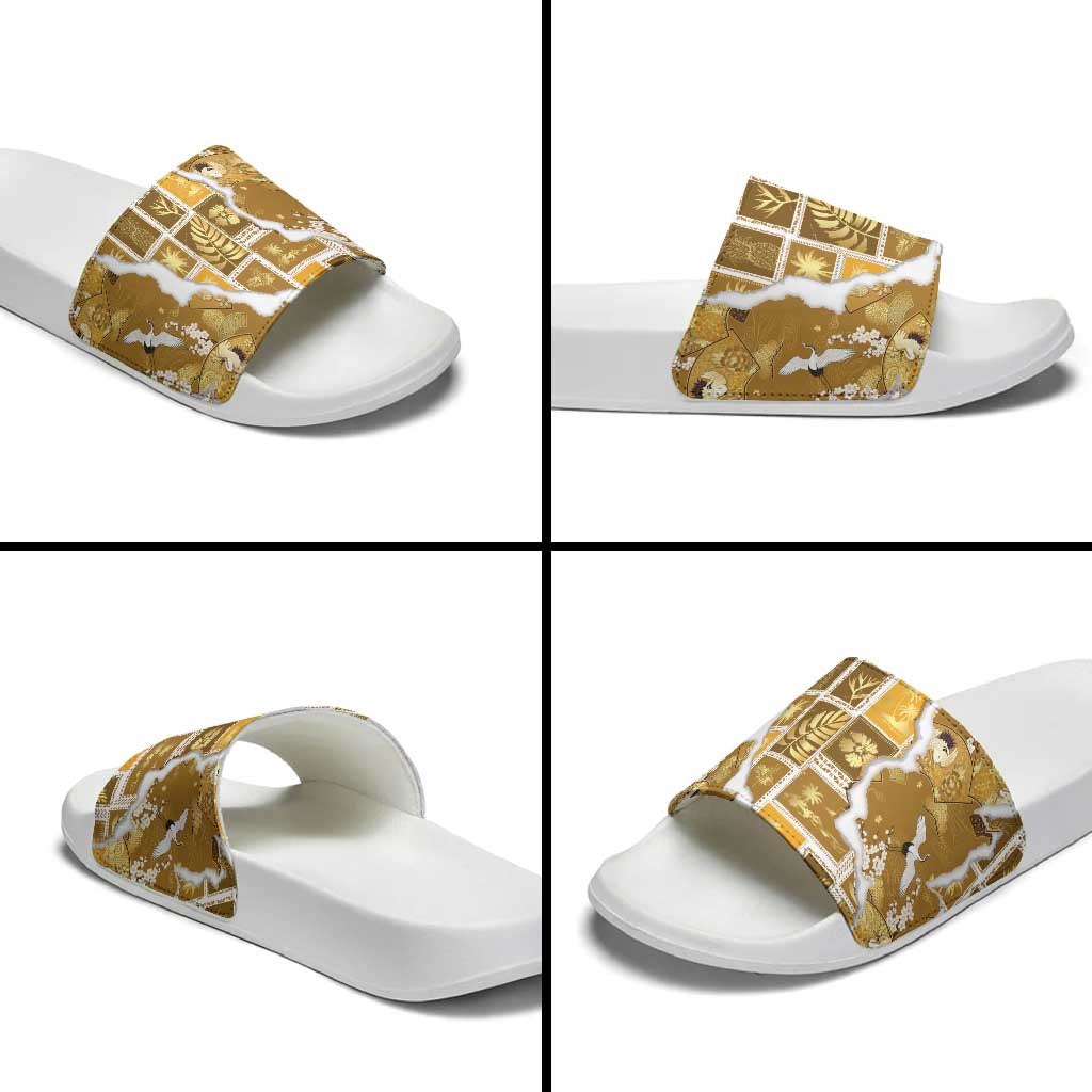 Hawaii Japanese Culture Gold Slide Sandals Spring Cranes Aloha Pattern
