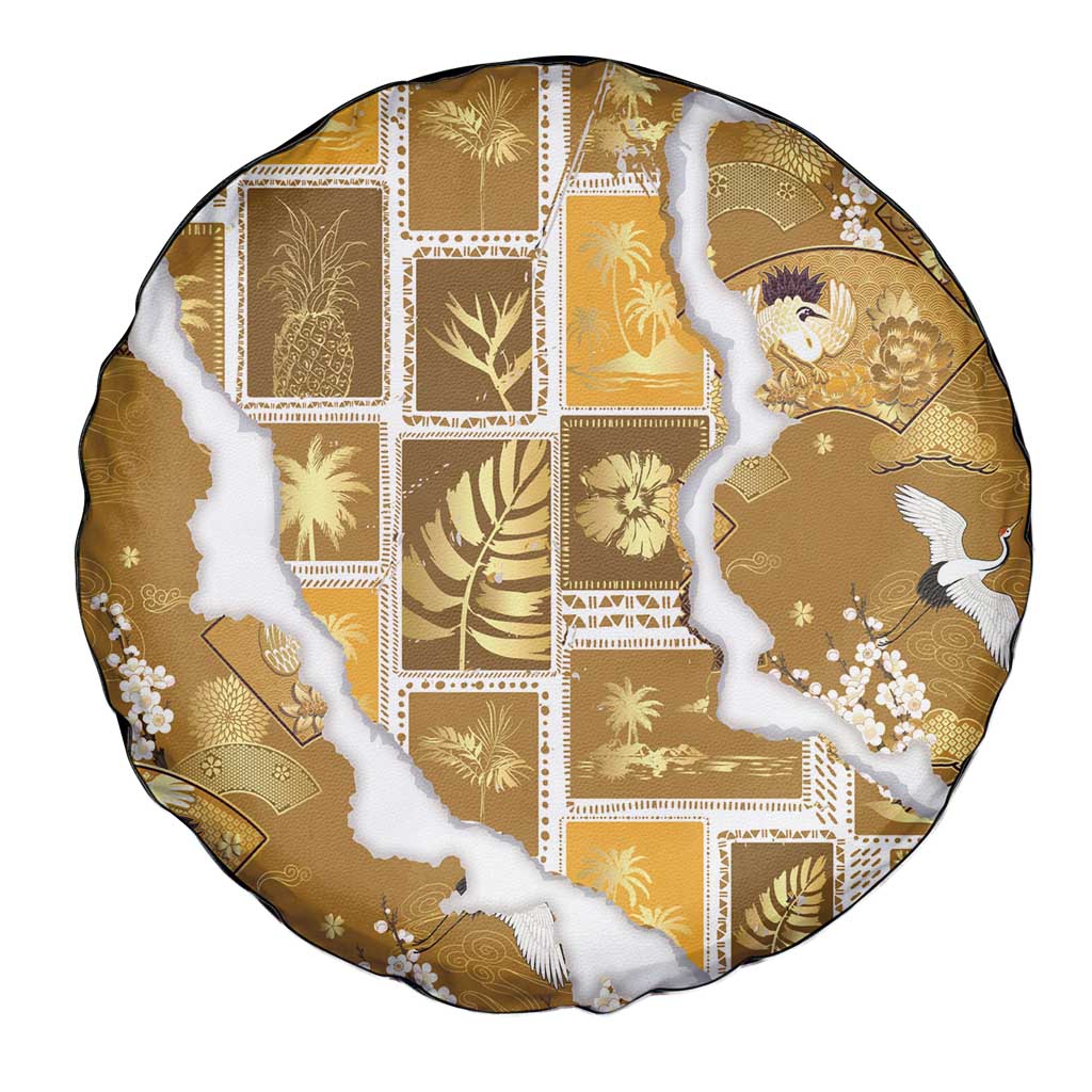 Hawaii Japanese Culture Gold Spare Tire Cover Spring Cranes Aloha Pattern