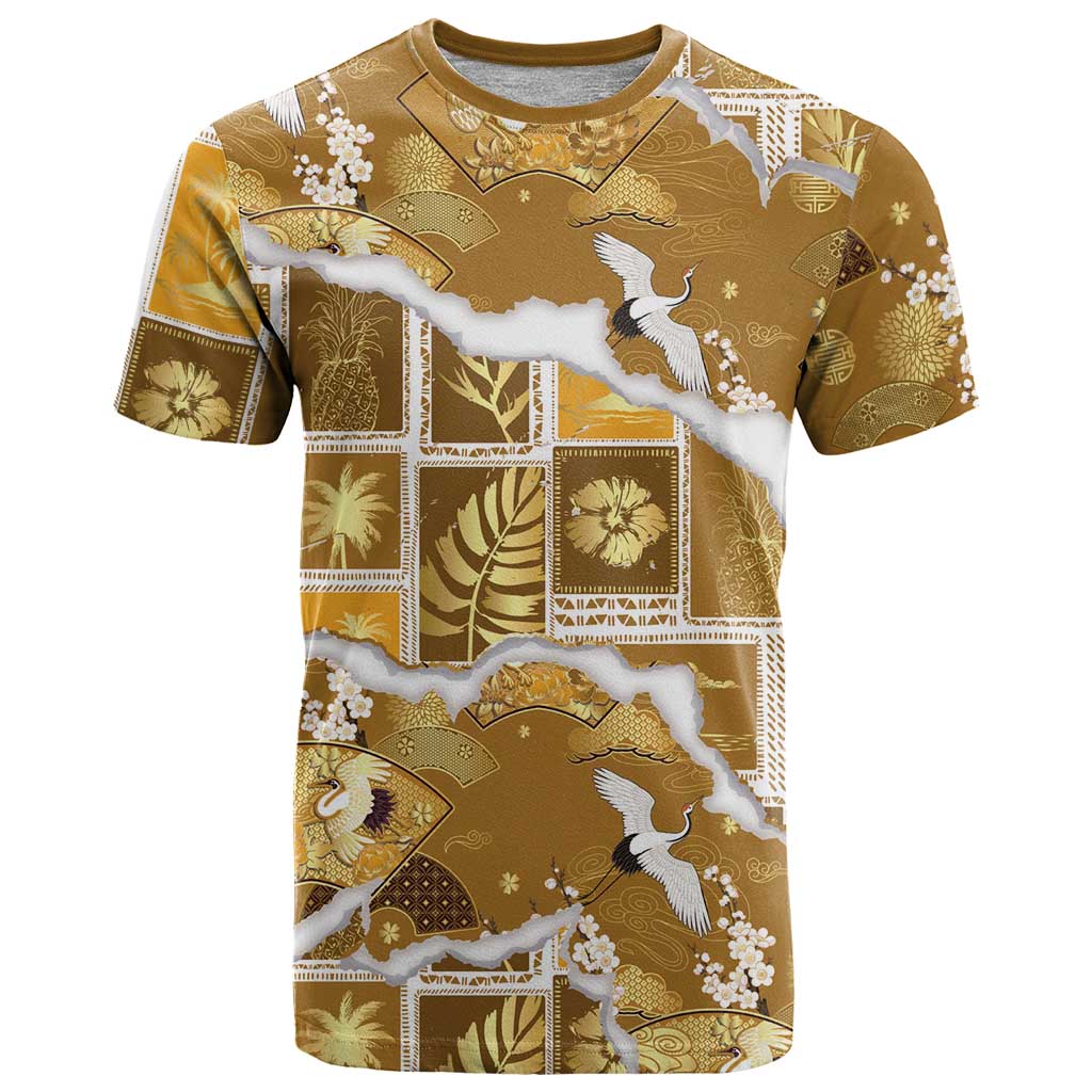 Hawaii Japanese Culture Gold T Shirt Spring Cranes Aloha Pattern