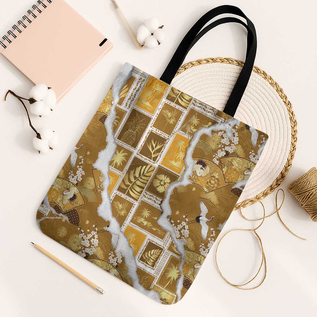 Hawaii Japanese Culture Gold Tote Bag Spring Cranes Aloha Pattern