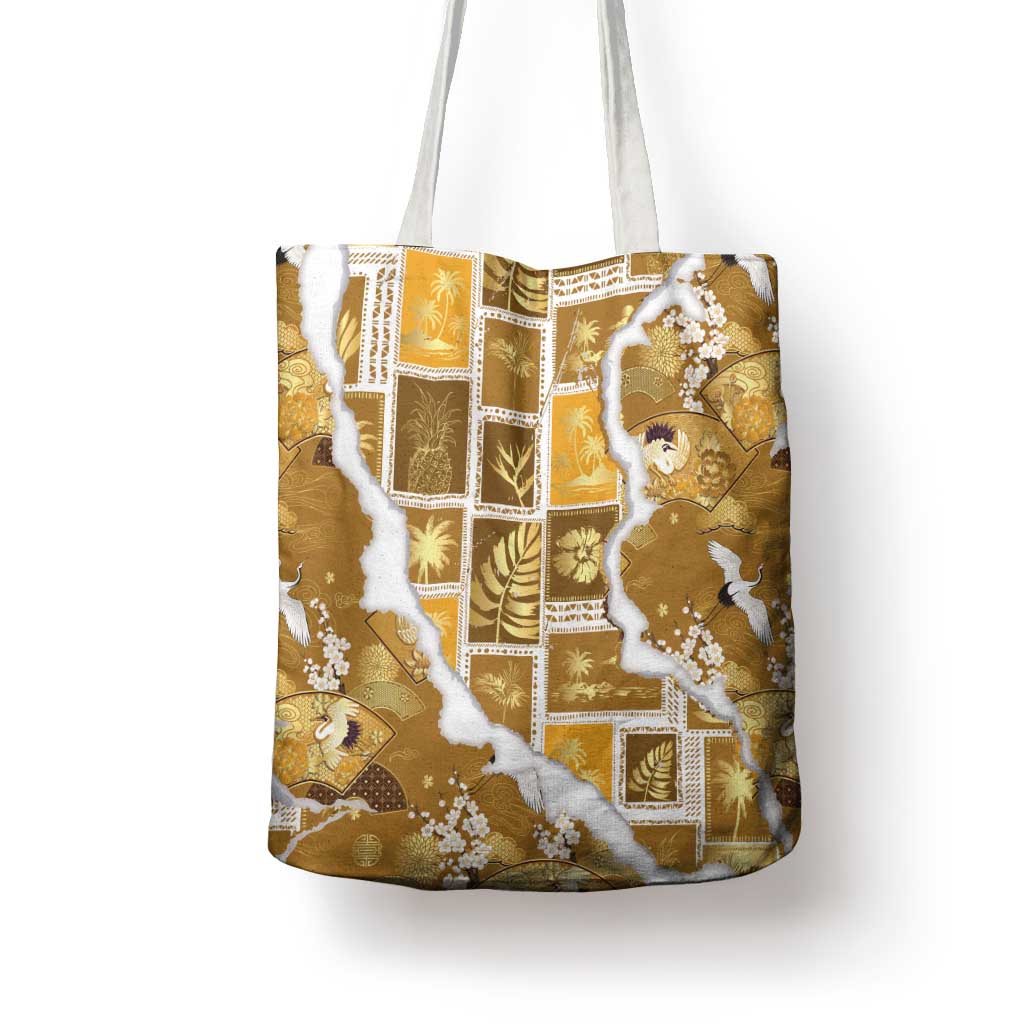 Hawaii Japanese Culture Gold Tote Bag Spring Cranes Aloha Pattern