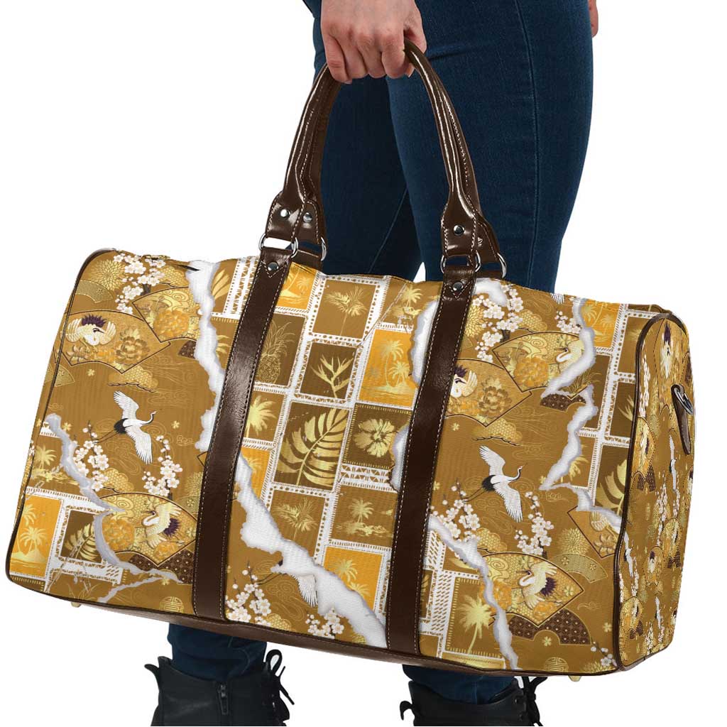 Hawaii Japanese Culture Gold Travel Bag Spring Cranes Aloha Pattern