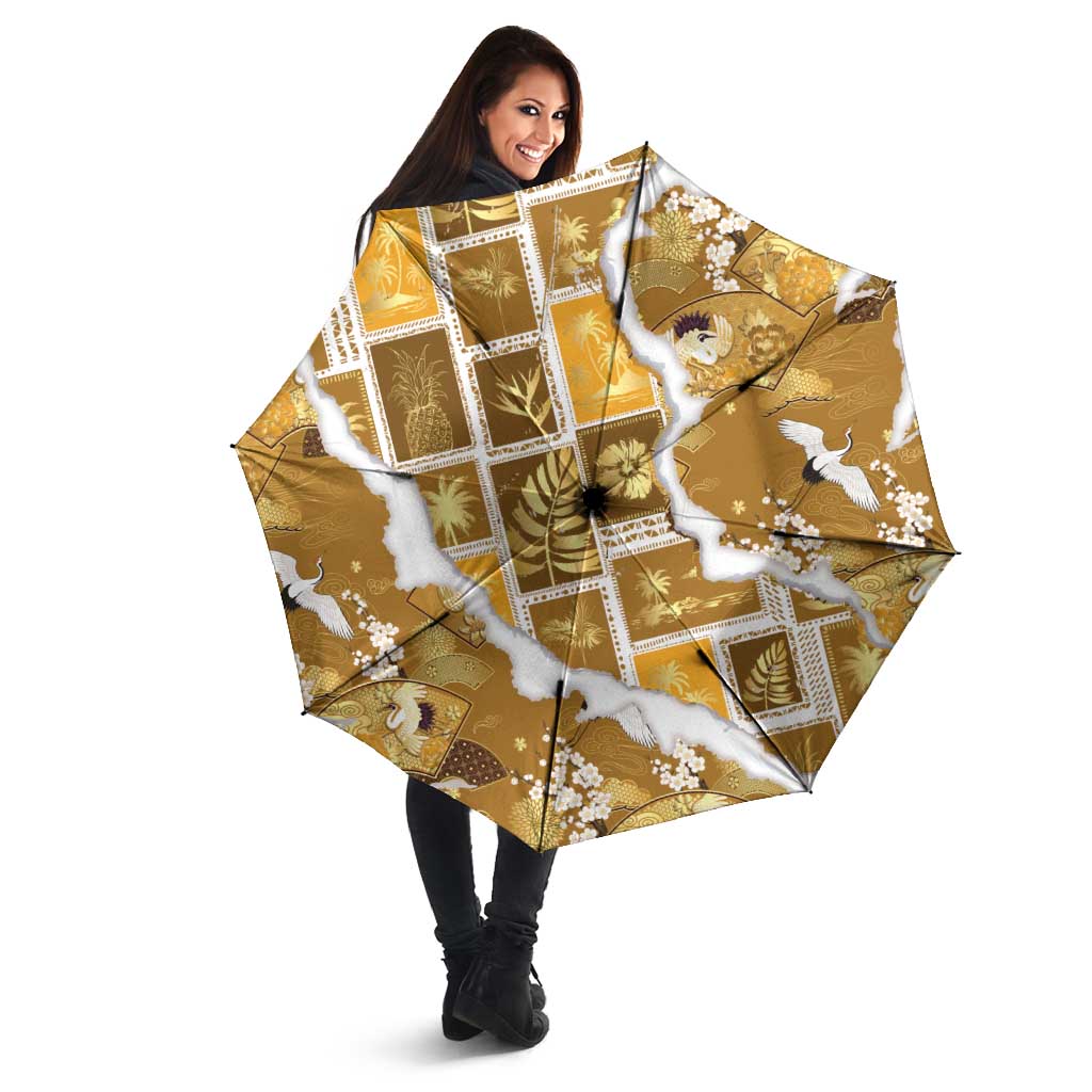 Hawaii Japanese Culture Gold Umbrella Spring Cranes Aloha Pattern