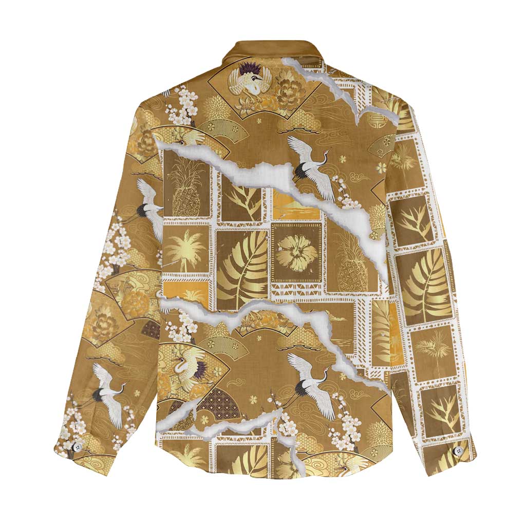 Hawaii Japanese Culture Gold Women Casual Shirt Spring Cranes Aloha Pattern