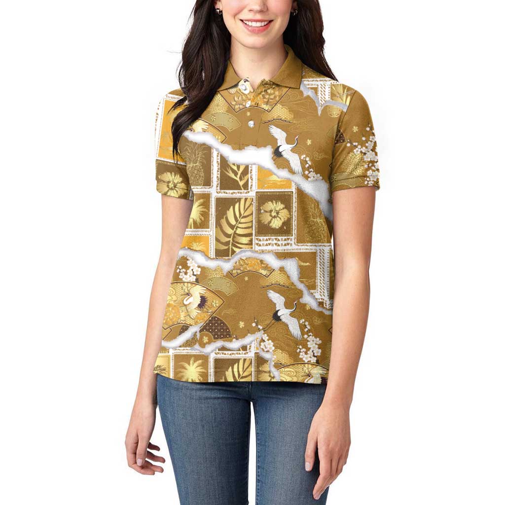 Hawaii Japanese Culture Gold Women Polo Shirt Spring Cranes Aloha Pattern