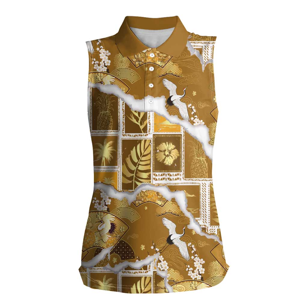 Hawaii Japanese Culture Gold Women Sleeveless Polo Shirt Spring Cranes Aloha Pattern
