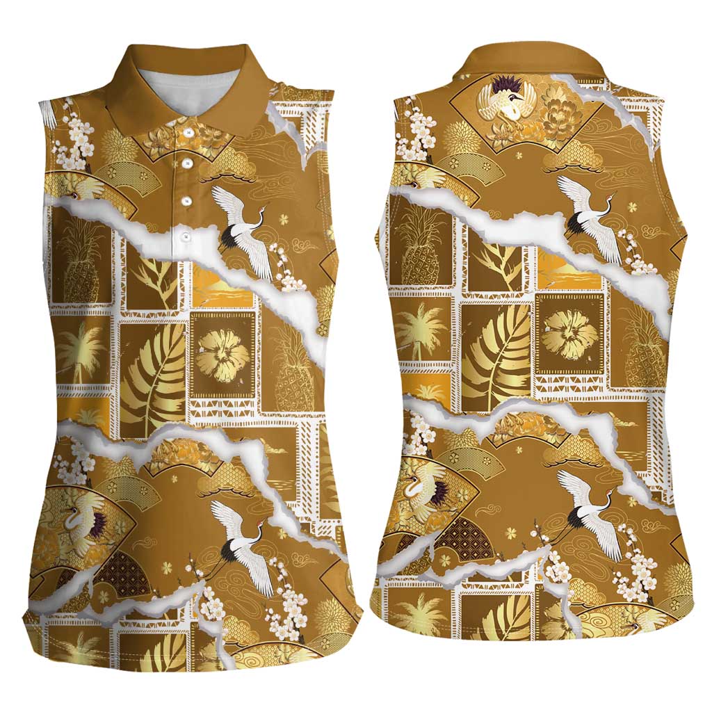 Hawaii Japanese Culture Gold Women Sleeveless Polo Shirt Spring Cranes Aloha Pattern