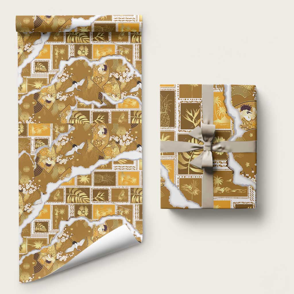 Hawaii Japanese Culture Gold Wrapping Paper Spring Cranes Aloha Pattern