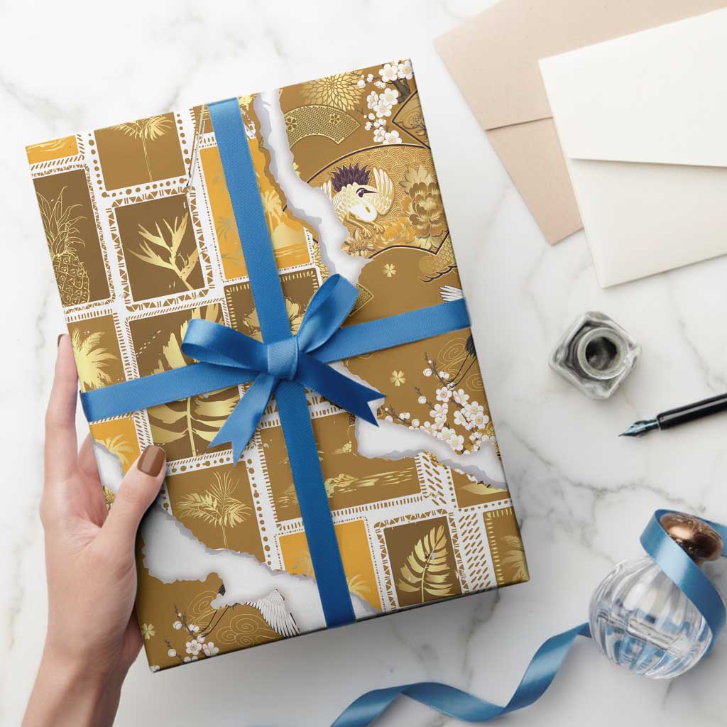 Hawaii Japanese Culture Gold Wrapping Paper Spring Cranes Aloha Pattern