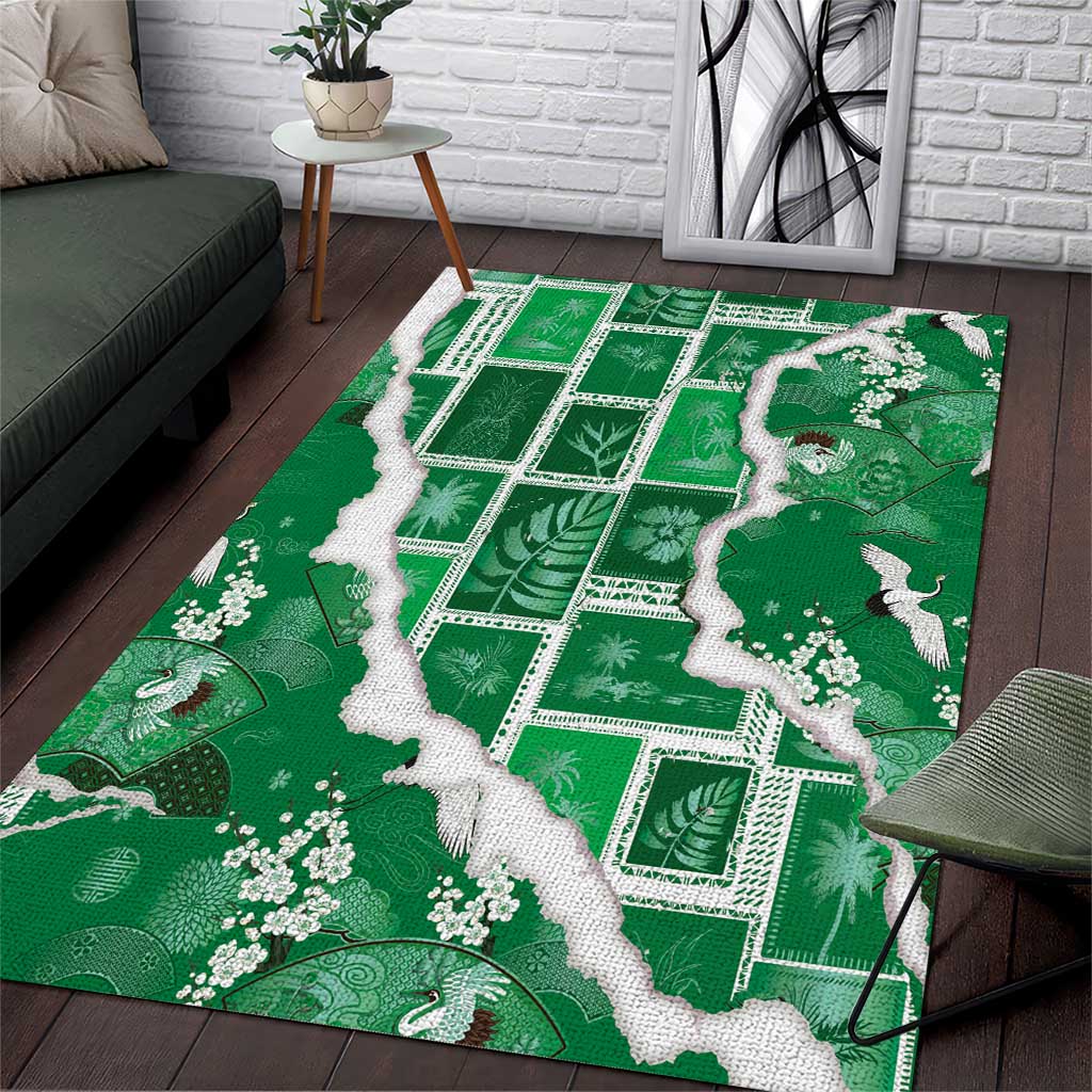 Hawaii Japanese Culture Green Area Rug Spring Cranes Aloha Pattern LT01 Green - Polynesian Pride