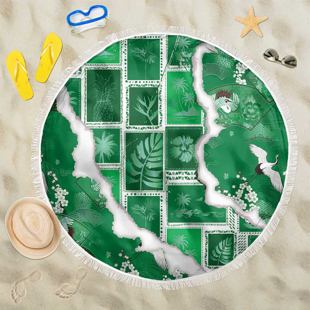 Hawaii Japanese Culture Green Beach Blanket Spring Cranes Aloha Pattern