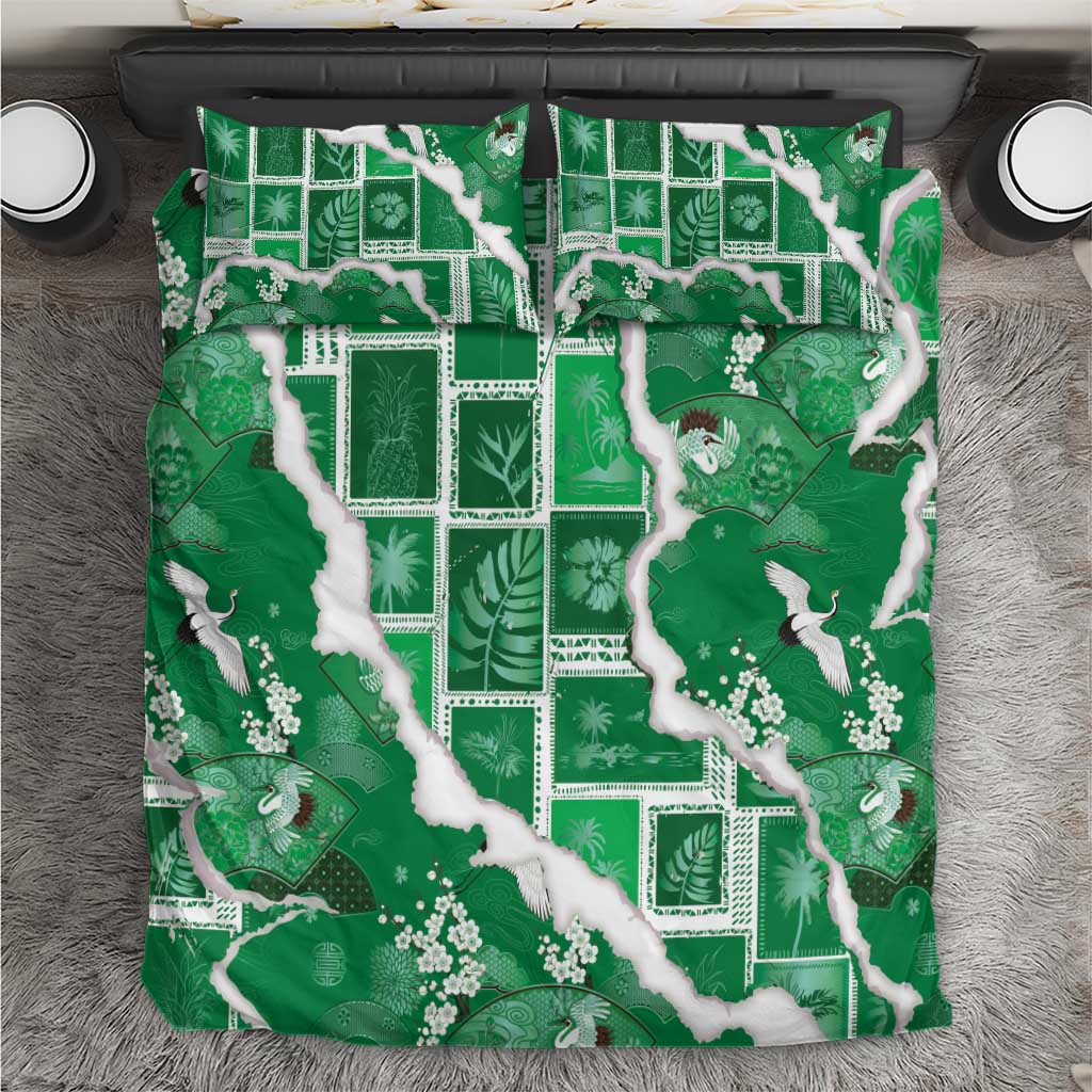Hawaii Japanese Culture Green Bedding Set Spring Cranes Aloha Pattern