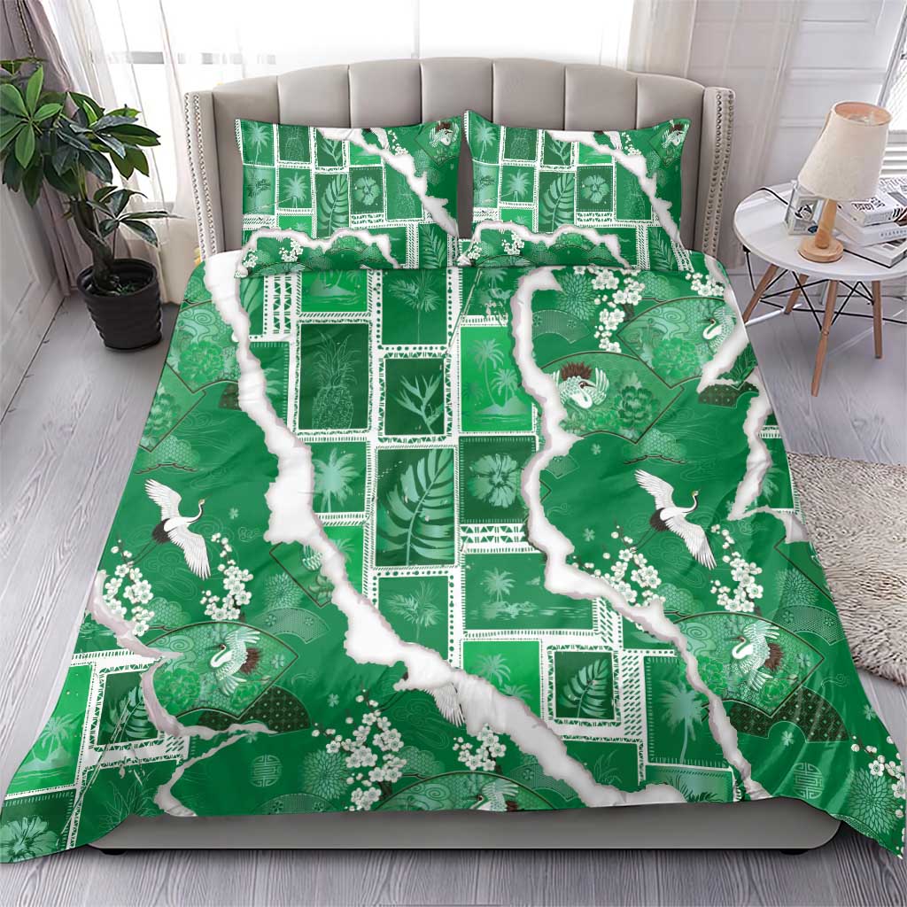 Hawaii Japanese Culture Green Bedding Set Spring Cranes Aloha Pattern