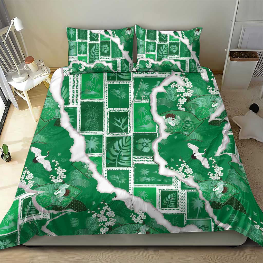 Hawaii Japanese Culture Green Bedding Set Spring Cranes Aloha Pattern