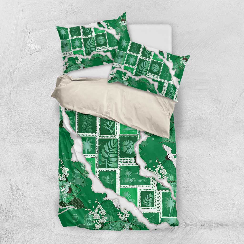Hawaii Japanese Culture Green Bedding Set Spring Cranes Aloha Pattern