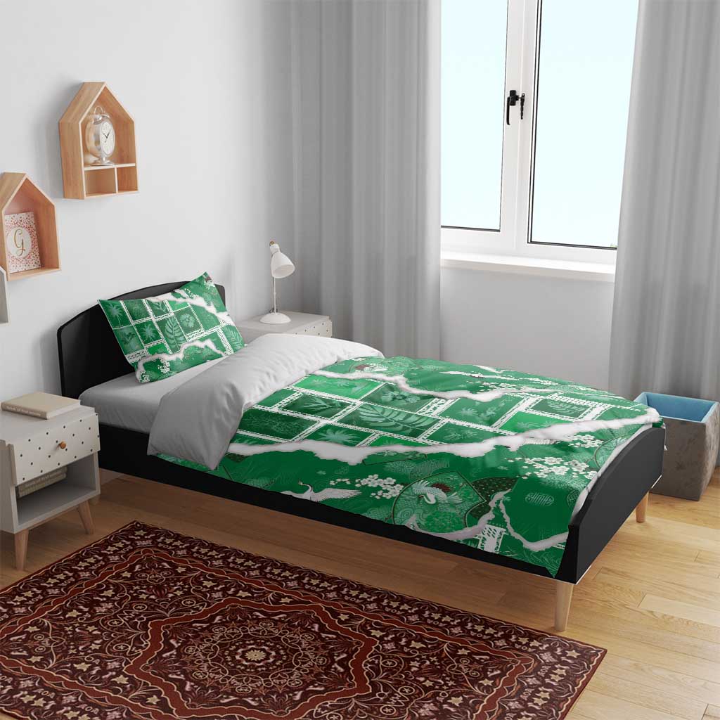 Hawaii Japanese Culture Green Bedding Set Spring Cranes Aloha Pattern