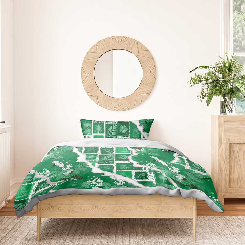 Hawaii Japanese Culture Green Bedding Set Spring Cranes Aloha Pattern