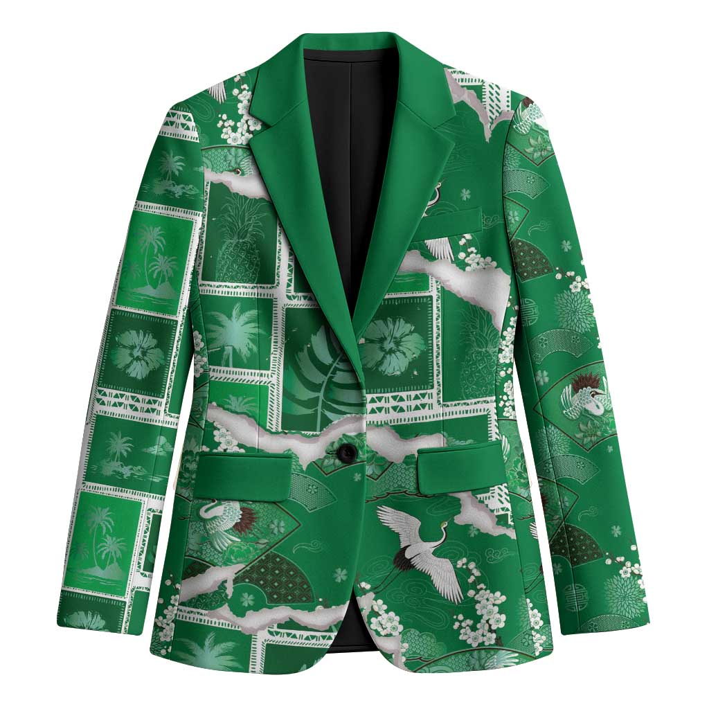 Hawaii Japanese Culture Green Blazer Spring Cranes Aloha Pattern