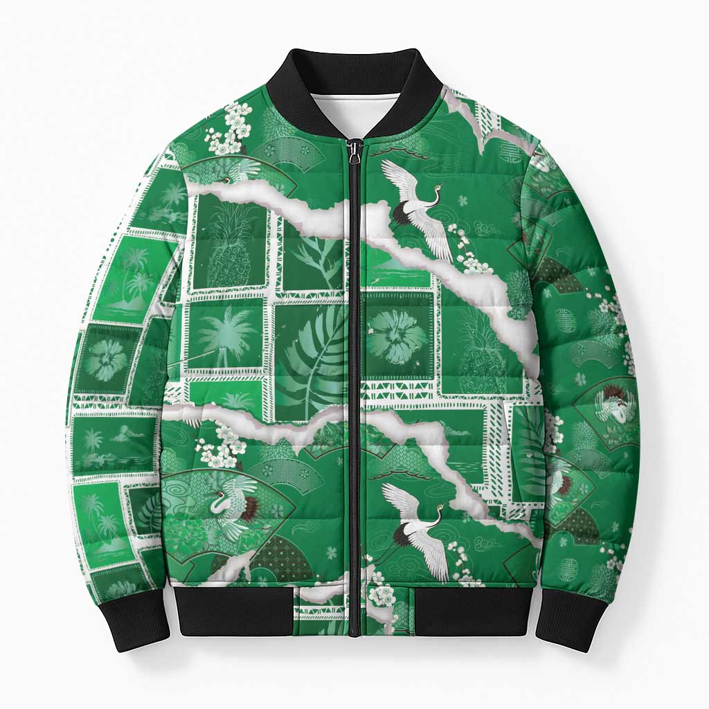 Hawaii Japanese Culture Green Bomber Puffer Jacket Spring Cranes Aloha Pattern