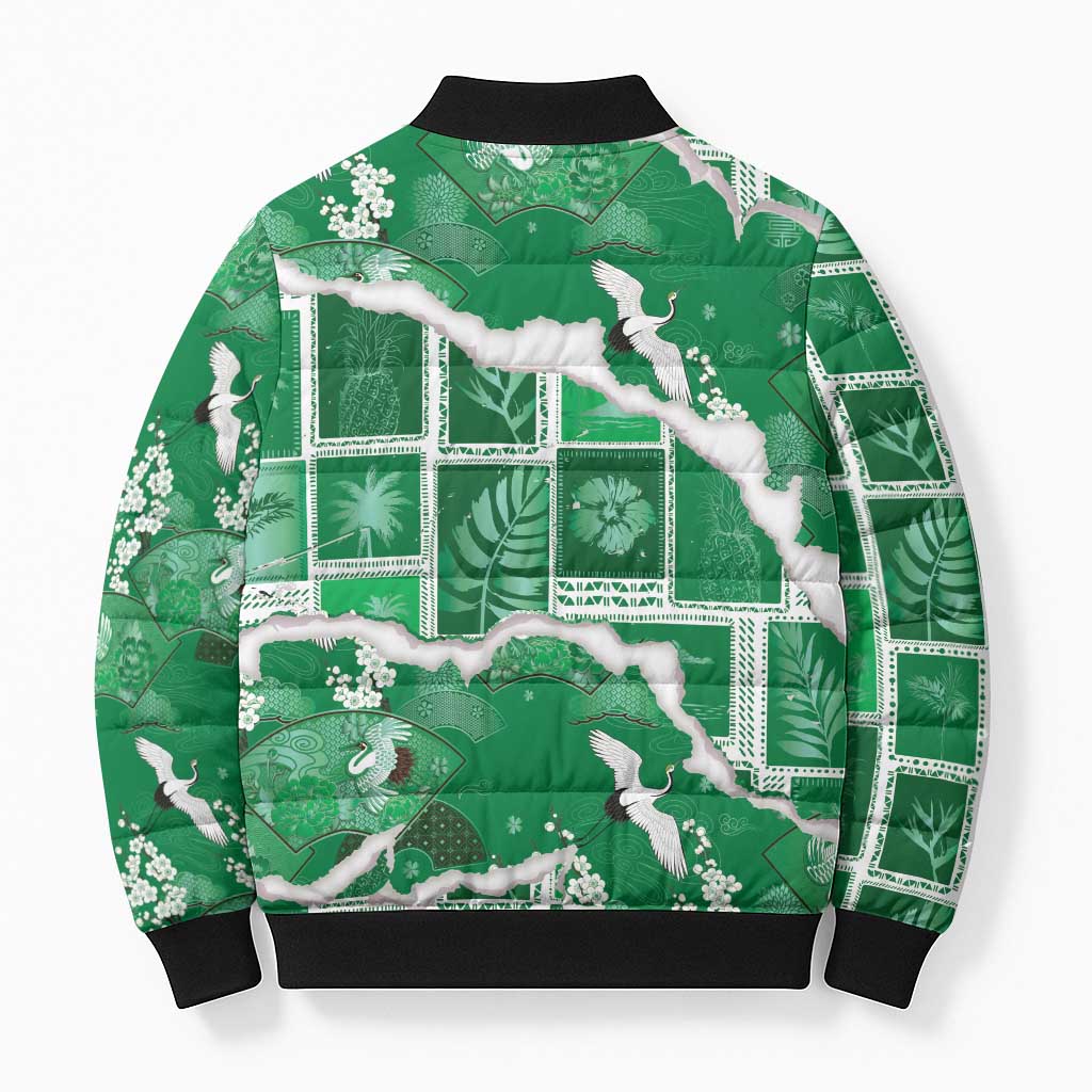 Hawaii Japanese Culture Green Bomber Puffer Jacket Spring Cranes Aloha Pattern