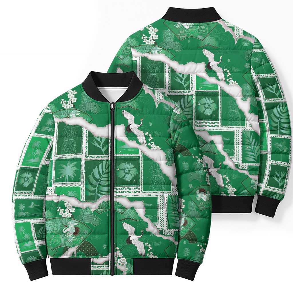 Hawaii Japanese Culture Green Bomber Puffer Jacket Spring Cranes Aloha Pattern
