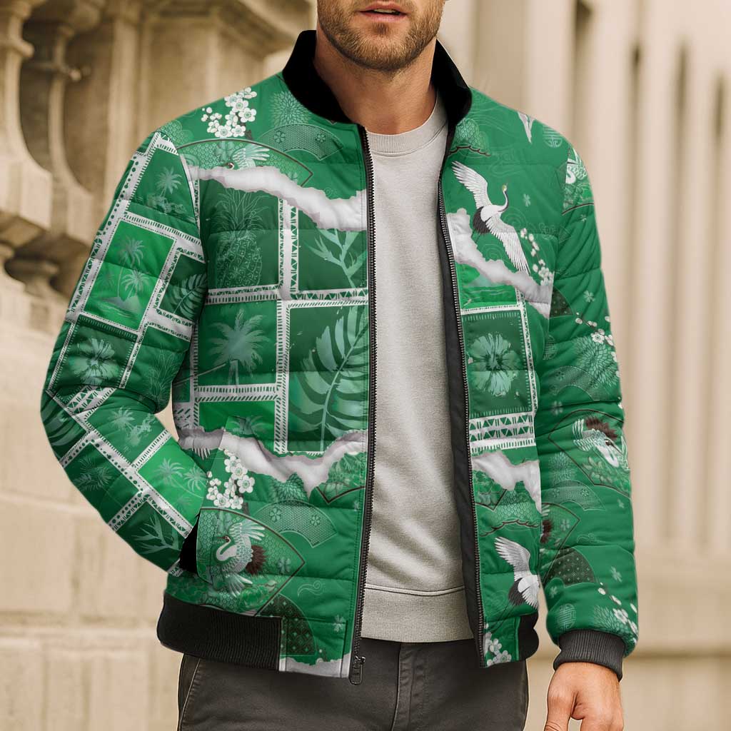 Hawaii Japanese Culture Green Bomber Puffer Jacket Spring Cranes Aloha Pattern