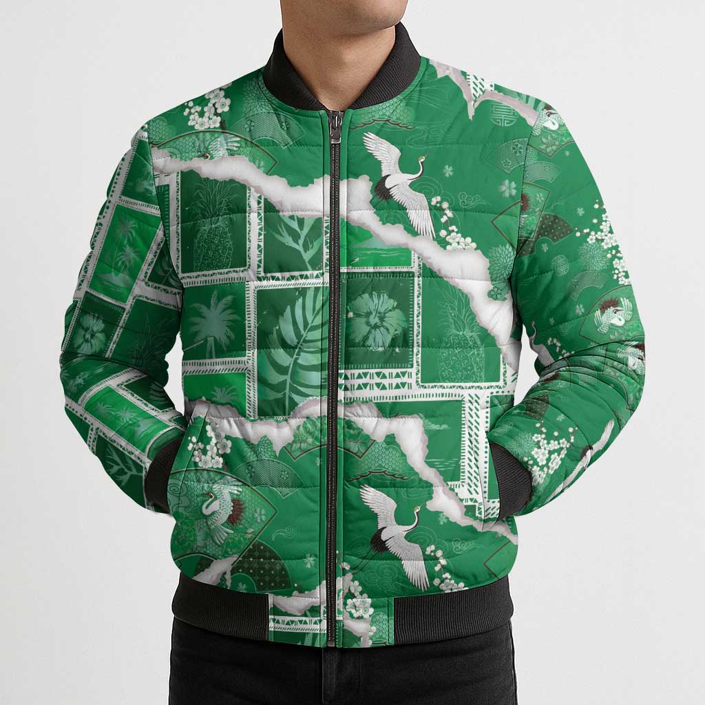 Hawaii Japanese Culture Green Bomber Puffer Jacket Spring Cranes Aloha Pattern