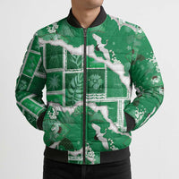 Hawaii Japanese Culture Green Bomber Puffer Jacket Spring Cranes Aloha Pattern