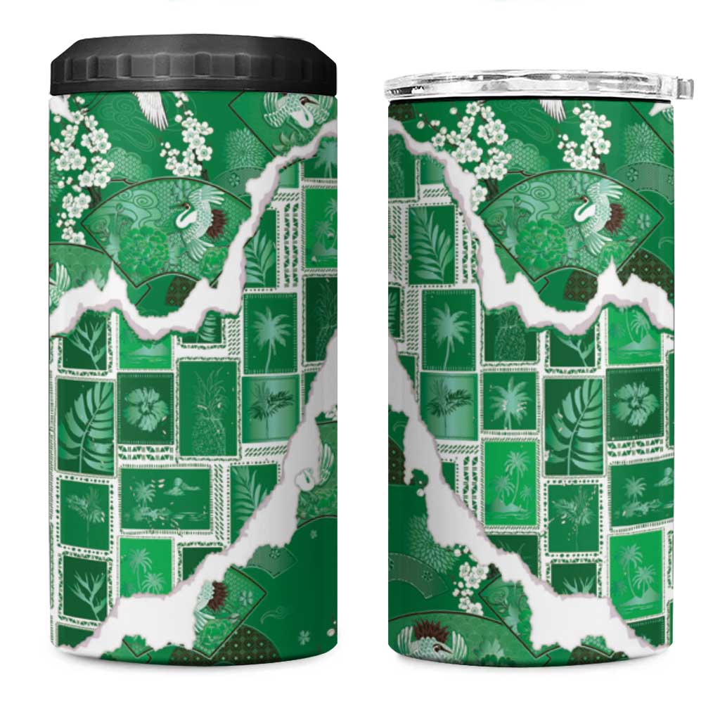 Hawaii Japanese Culture Green 4 in 1 Can Cooler Tumbler Spring Cranes Aloha Pattern